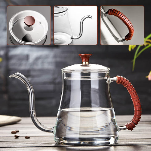 Unbreakable Gooseneck Kettle for Drip Coffee, 20OZ Glass Coffee Kettle with Lid for Stove Top