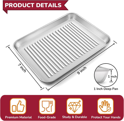 P&P CHEF Mini Toaster Oven Pan Set of 2, 9 x 7 x 1 Inch Stainless Steel Small Baking Cookie Pan for Cooking & Roasting, Corrugated Bottom Toaster Oven Trays, Healthy & Durable, Dishwasher Safe