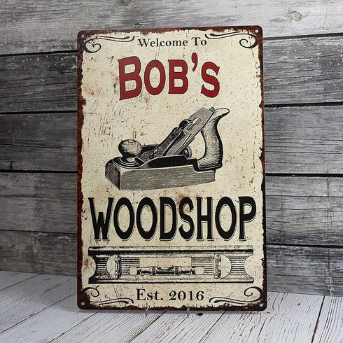 Personalized Woodshop Sign - Man Cave Metal Sign for Dad Woodworking Home Shop Decor (8 x 12 Matte Finish)