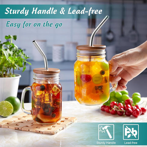 16 oz Set 2, DRASTAR Iced Coffee Cup, Mason Jar Cups with Handle, Small Glass Coffee Mugs with Straws and Acacia Lids