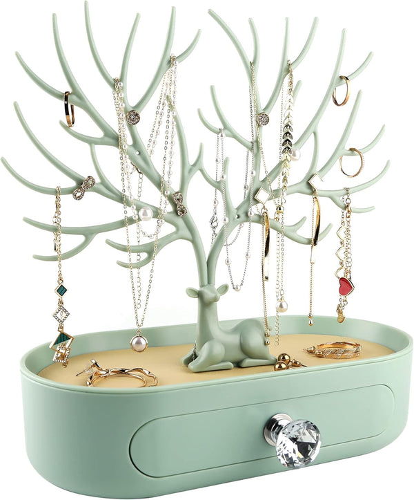 MORE&LESS Antlers Jewelry Display Stand with Drawer, Tree Tower Rack Organizer for Rings, Earrings, Necklaces, Bracelets