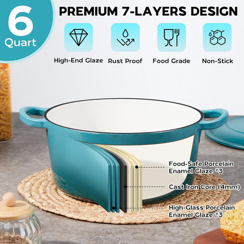 6 Onader Enameled Cast Iron Dutch Oven, QT Dutch Oven Pot with Lid, Heavy Duty Cookware for Sourdough Bread Baking