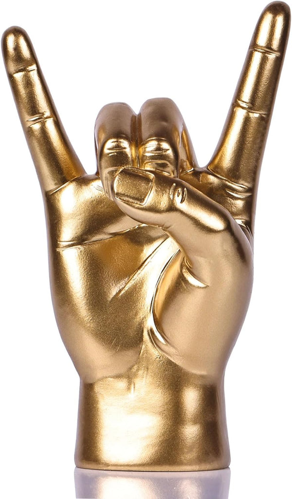 QIANLING 7.7" Gold Resin Rock On Hand Gesture Statue - Rock Culture