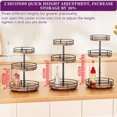 3-Tier Countertop Heavy-Duty Lazy Susan Organizer, Adjustable to Different Heights, Spice Rack, Upgraded Thickened