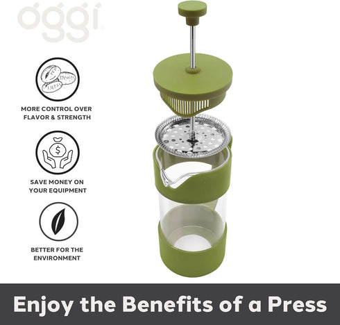 Oggi French Press Coffee Maker, 12oz Borosilicate Glass, Single Cup French Press, 3 Cup Capacity, Olive