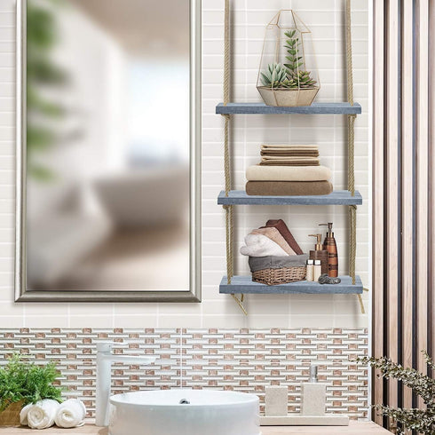 Sorbus 3-Tier Rustic Wood Hanging Shelf, Wood Swing Storage Shelves Rope Organizer Rack, Floating Display Shelves (Grey)