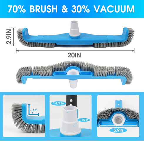 20" 2 1 1-1/4" 1-1/2" TidyMister in Pool Brush Vacuum Head with Swivel Hose Connection & Sturdy Nylon Bristles
