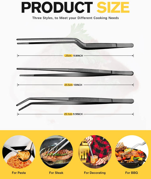 Fine Cooking Tweezers Set, Professional Stainless Steel Food Tongs, Long Chef Tweezer for Cooking and Plating