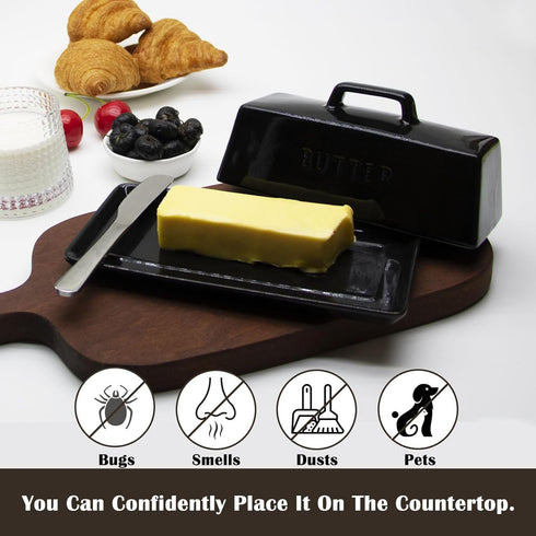 MKYHBOO Countertop, Ceramic Butter Dish With Lid for Covered Butter Holder With Lid, Black Butter Container, Butter