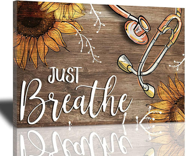 Sunator Just Breathe Canvas Wall Art, Beautiful Sunflower and Medical Stethoscope Inspirational Picture