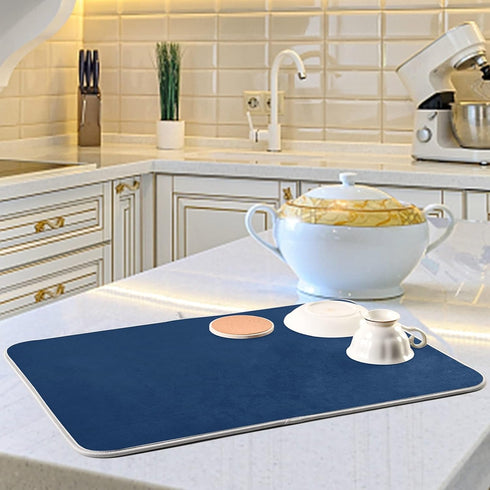Navy Dish Drying Mat for Kitchen Counter, Absorbent Microfiber Dry Dishes Mat 16 x 18 Inch for Countertops Decor
