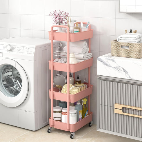 4-Tier Sywhitta Plastic Rolling Utility Cart with Handle, Multi-Functional Storage Trolley for Office, Living Room