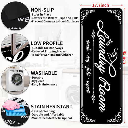 Laundry Room Rug Runner, 17.7"x45" Non Slip Black Laundry Rugs, Farmhouse Washable Floor Mats for Laundry Room