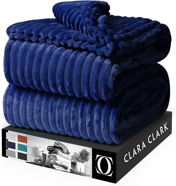Clara Clark Cut Plush Fleece Throw Blanket, Lightweight Super Soft Fuzzy Luxury Bed Blanket (50x60) Navy Blue