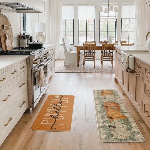 Artoid Mode Orange Buffalo Plaid Hello Pumpkin Fall Kitchen Mats Set of 2, Low-Profile Home Decor