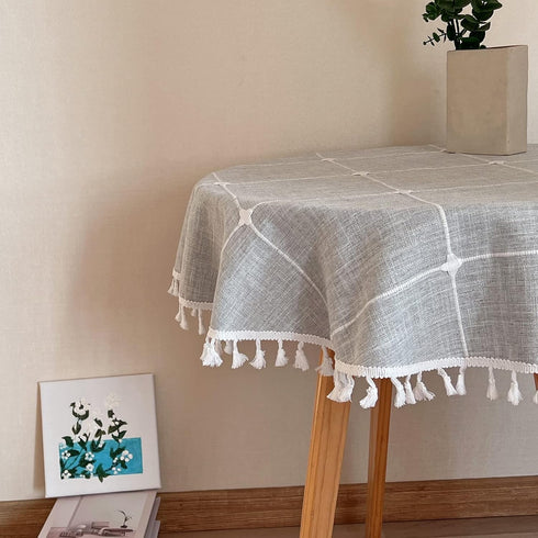 Round Lattice Small Tablecloth Cotton Linen Grey Dust-Proof Washable Boho Embroidery Table