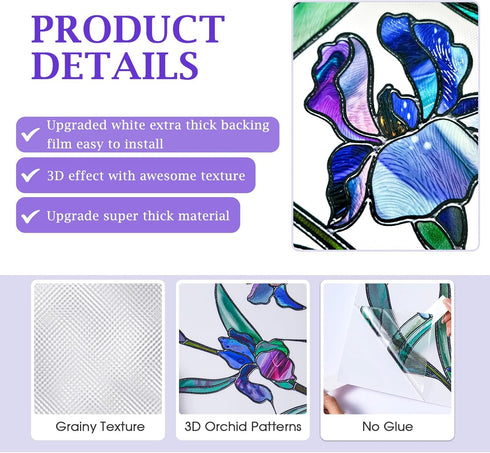 Coavas Stained Glass Window Privacy Film, 3D Violet Flower Static Cling Decals, 17 x 118.1 Inch, Bathroom Sun Heat