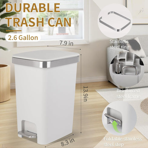 3 2.6 Small Bathroom Trash Can with Lid and Rolls Trash Bags, Step Pedal Wastebasket Plastic Garbage Can with Pop-Up