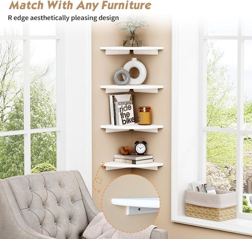 Set 4, Forbena White Corner Floating Shelves for Wall of Rounded Corner Shelves Wall Mounted for Kids Bedroom Books