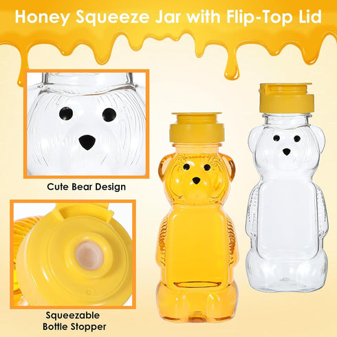 Hpmjz 2 Pcs Honey Bear Bottle Plastic Honey Squeeze Bottle Transparent Honeybear Squeeze Jars with Yellow Flip Lid Cute