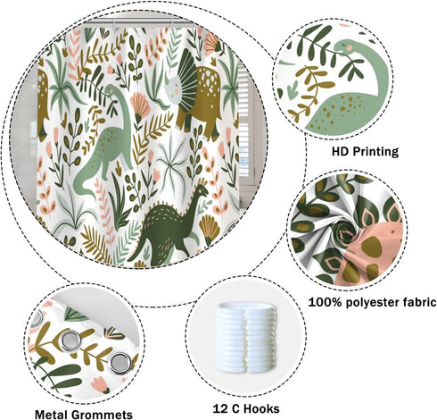 72x78 Inch Dinosaur Themed Bathroom Shower Curtain Green Dino Tropical Leaves with Hooks Waterproof Fabric Polyester