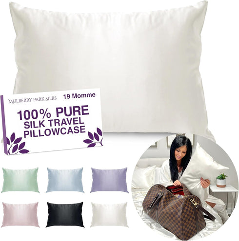 Mulberry Park Silk Travel Pillowcase - Prevent BedHead and Frizz, 19 Momme Grade 6A Pure Silk - 13" x 18", Ivory