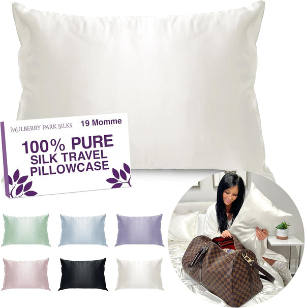 Mulberry Park Silk Travel Pillowcase - Prevent BedHead and Frizz, 19 Momme Grade 6A Pure Silk - 13" x 18", Ivory