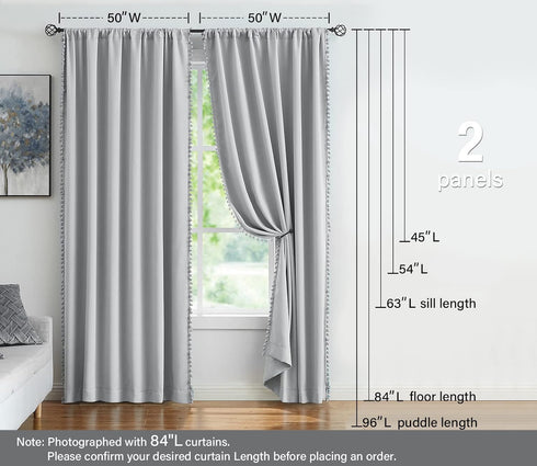 Treatmentex Pom-Pom Grey Blackout Curtains, 45 inches Short Window Curtain Panel Set for Kids, Laundry Basement Drapes,