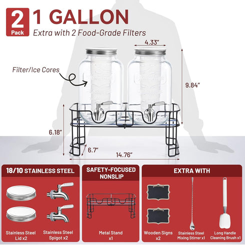 1 2 Pack 18/10 KIKCOIN Gallon Glass Drink Dispensers for Parties, Leakproof Beverage Dispenser with Stand & Stainless