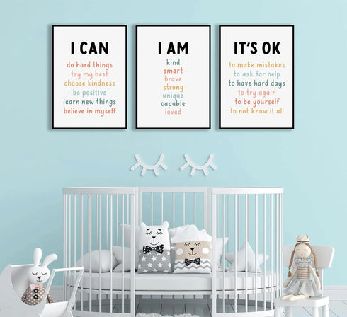 PPJ 3Pcs Affirmations For Kids Wall Art Nursery Wall Decor Daily Inspirational Quotes Prints Posters Kids Bedroom