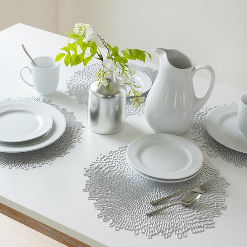 Benson Mills Bloom Pressed Vinyl Placemat Set of 4, 15.5" Round, Silver for Kitchen and Dining Table