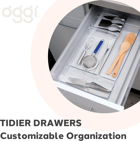 Oggi Set of 3 Clear Drawer Organizers, Ideal for Organizing Kitchen Drawers, Office, Desk, and Bathroom Utensils