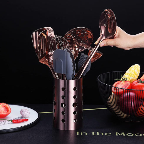 Copper Kitchen Utensils Set, 13 Pieces Stainless Steel Cooking Tools with Titanium Rose Gold Plating and Holder