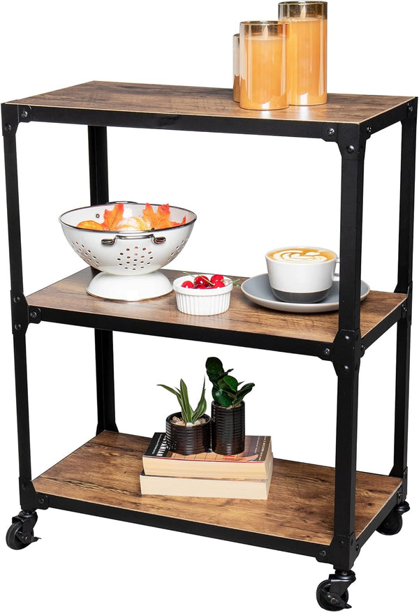 Mind Reader Bar Cart - Rolling 3-Tier Kitchen Cart, Microwave Stand, Wood/Metal, 23"L x 12"W x 29.5"H, Brown