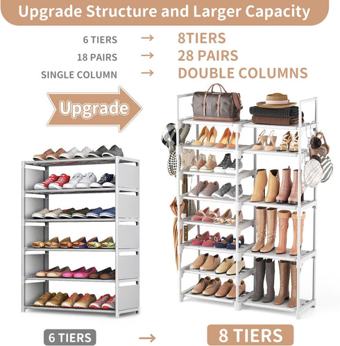 Closet 8 26-32 ROJASOP White Shoe Rack, Tall Metal Shoe Rack Organizer for Entryway Garage, Tier Large Shoe Shelf