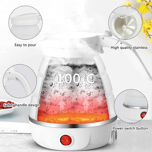 Travel Portable Foldable Electric Kettle, 0.6L Small Collapsible Hot Water Boiler for Coffee Tea (White)
