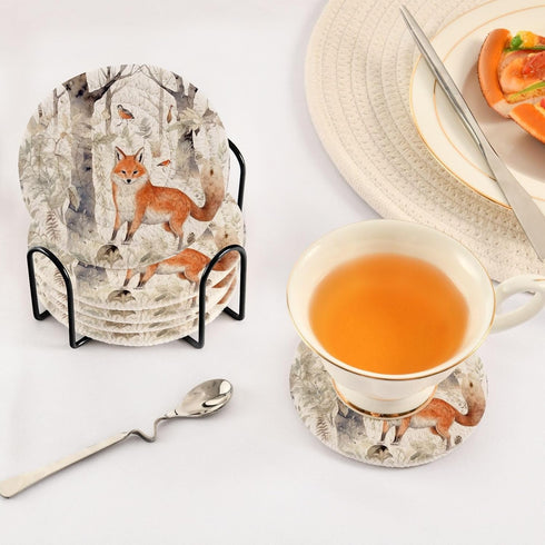 SDMKA 6 3.9 Inch Cute Forest Fox Pcs Cotton Woven Coasters with Holder - Absorbent Drink Coasters - Ideal for Coffee