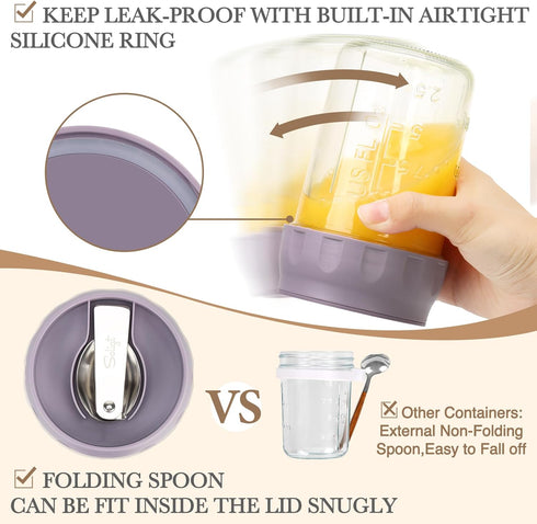 2 Pack 16oz SOLIGT Overnight Oats Containers with Lids, Folding Spoons and Divided Compartments for Fruit & Nuts, Small
