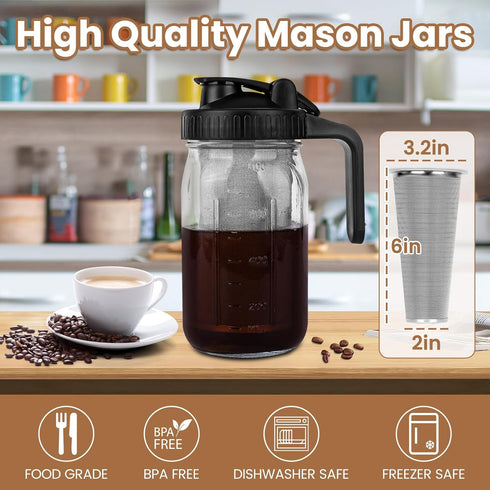Cold Brew Coffee Maker, 32oz Cold Brew Pitcher with Stainless Steel Super Dense Filter, Durable Glass, BPA Free Sturdy Mason jar, for Iced Brew Coffee, Lemonade, Homemade Fruit Drinks Container