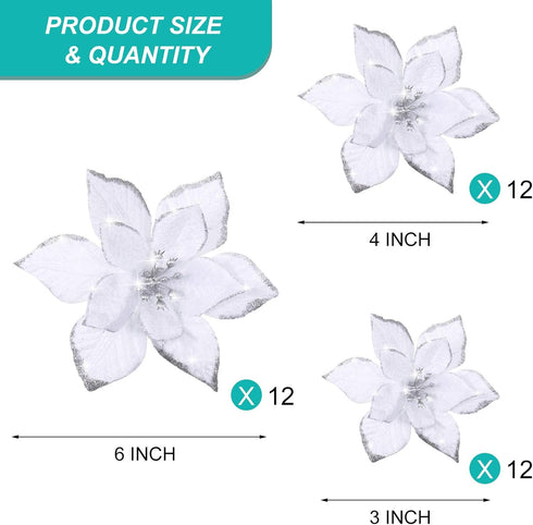 WILLBOND 36 Pcs Christmas Poinsettia Flowers - Glitter Faux Flowers Decoration for Christmas New Year Home Decor