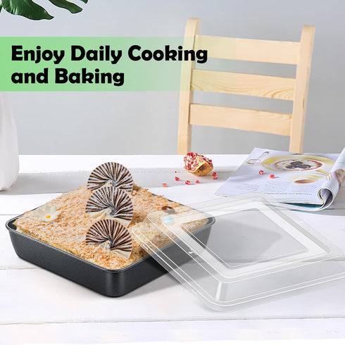 TeamFar 9 Inch Square Cake Pan with Lid, Non-Stick Square Baking Roasting Pan with Stainless Steel Core