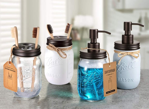 Mason Jar Toothbrush Holder – Bronze with 16 Ounce Genuine Glass Mason Jar, Premium Rust-Proof Stainless Steel