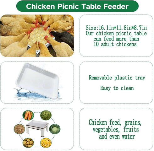 Qinfly Large Chicken Picnic Table Feeder No Waste with Removable Plastic Tray,Chicken Coop Accessories Must