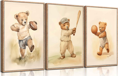 3Pcs Teddy Bear Sports Nursery Animal Canvas Wall Art Cute Woodland Baby