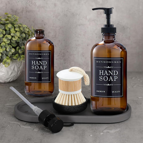 Set 16oz 12 (Set 6) Soap Dispenser Refillable Amber Glass Bottles with Brush Holder, Dish Scrub, Diatomite Tray