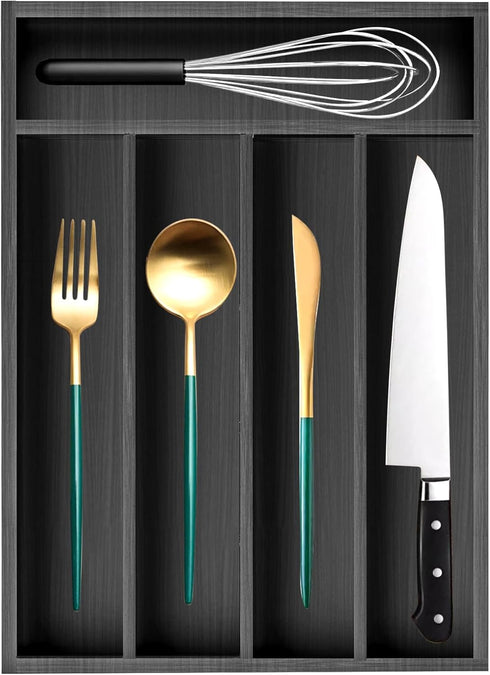 Ayiaren Small Wooden Silverware Organizer, Narrow Kitchen Utensil Drawer Insert for Spoon and Forks (Black Wood)