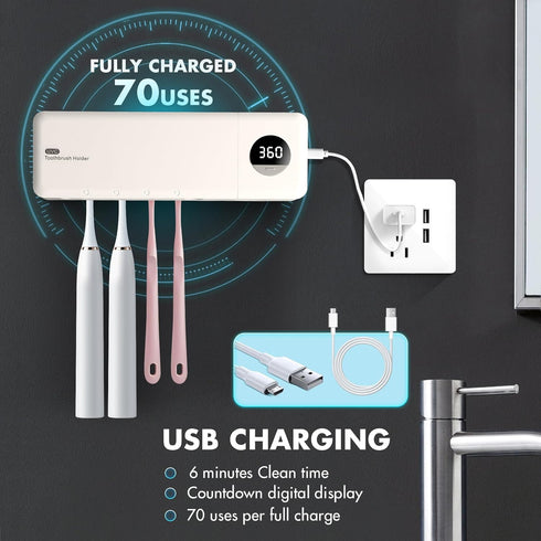 2000mAh 4 Auntyfey Sanitizeri Toothbrush Holder, Sanitizeri Toothbrush Cleaner, Rechargeable Cordless Wall Mounted