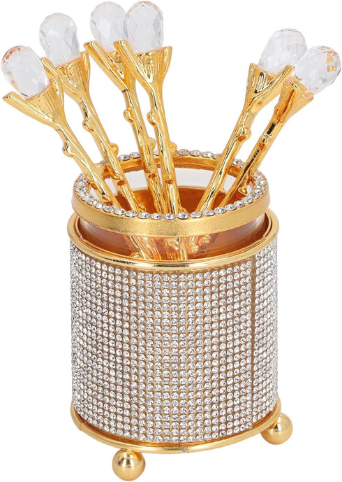 Coffee Spoons Set with Holder, Long Handle Dessert Spoons, Gold Glass Jar with 6 Metal Flatware Spoons