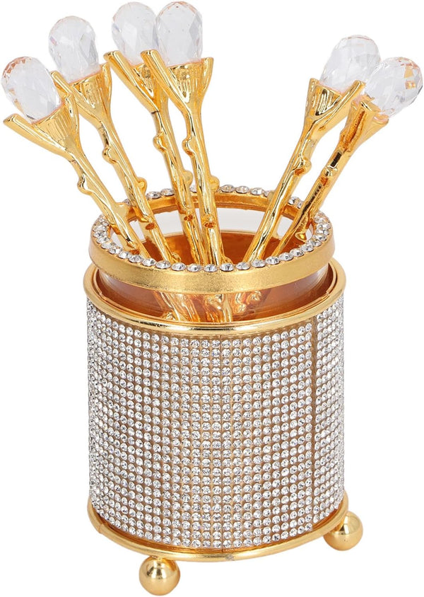 6Pcs Mini Tea Spoons Set, Gold Dessert Spoons with Holder, Zinc Alloy Small Delicate Spoons for Mixing, Ice Cream, Cake