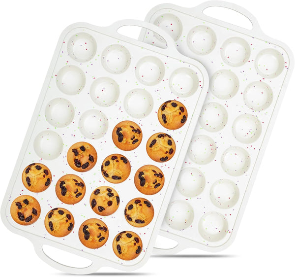 Silicone Muffin Pans for Baking - Mini Nonstick Cupcake Pan, 24 Cups with Metal Reinforced Frame, BPA Free (2 Pcs,
